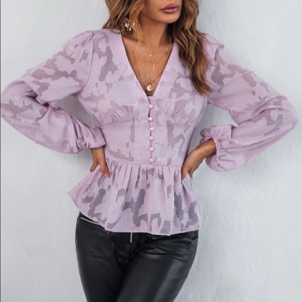 Romantic floral appliqué button detail peplum blouse redwood - Picture 10 of 16